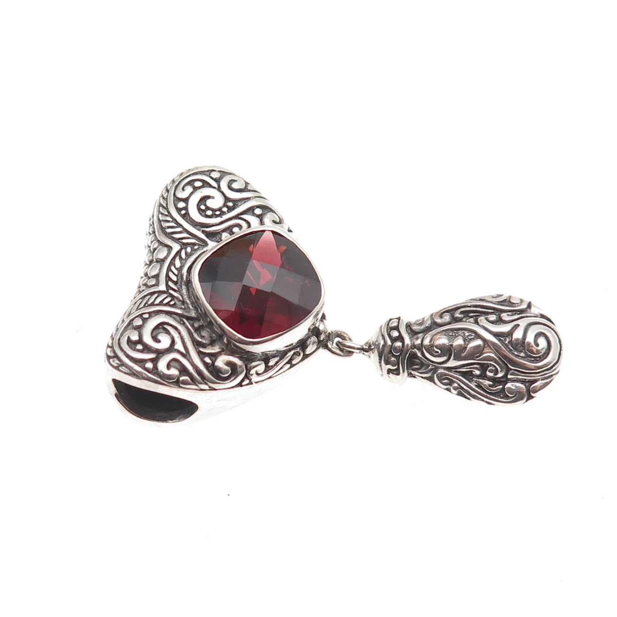 925 Sterling Silver Vintage Real Red Garnet Ornate Heart Slide Dangle Pendant