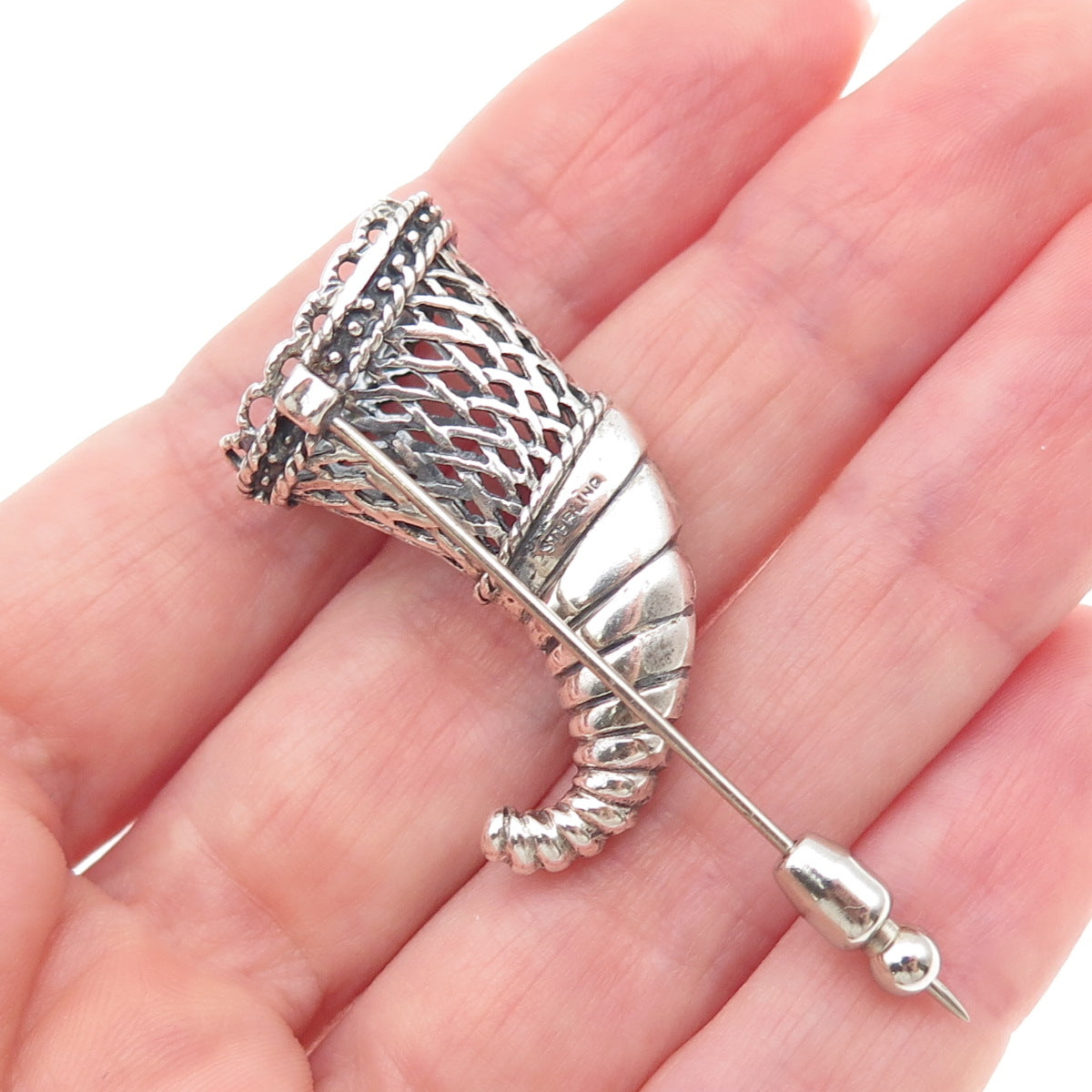925 Sterling Silver Vintage Horn of Plenty Oxidized Lapel Pin