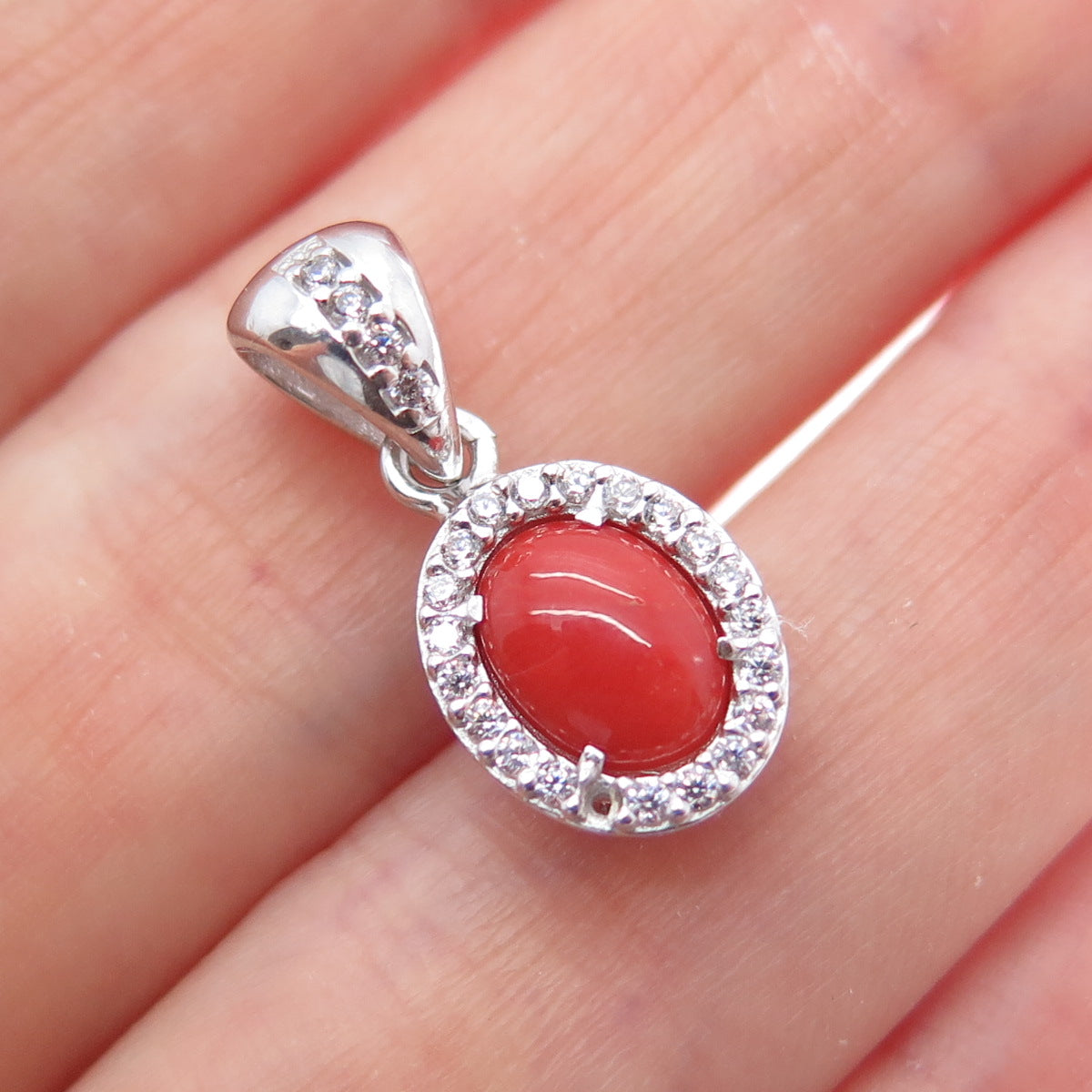 925 Sterling Silver Real Coral & C Z Minimalist Charm Pendant