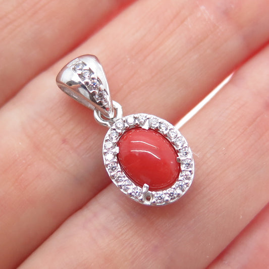 925 Sterling Silver Real Coral & C Z Minimalist Charm Pendant