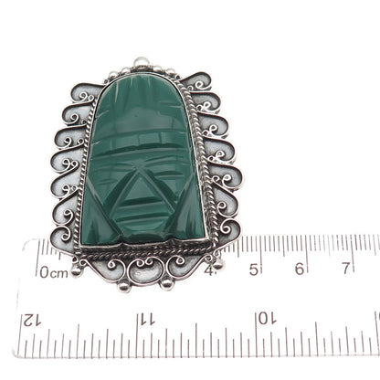 925 Sterling Silver Vintage Mexico Real Green Onyx Aztec God Pin Brooch