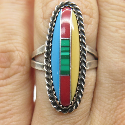 Old Pawn Sterling Silver Vintage Turquoise Malachite Jasper Coral Ring Size 5.75