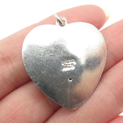 925 Sterling Silver Vintage Repousse Floral Lady Heart Oxidized Pendant