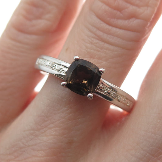 MICHELLE ALBALA Sterling Silver Real Diamond Accent Smoky Quartz Ring Size 10.25