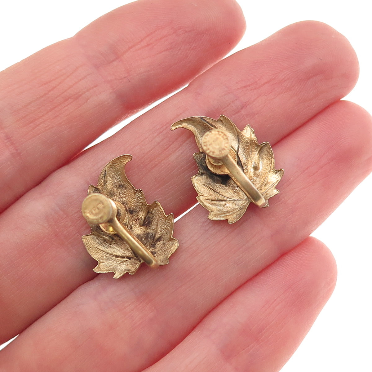 925 Sterling Silver Gold Plated Antique Art Deco Floral Leaf Screw Back Earrings