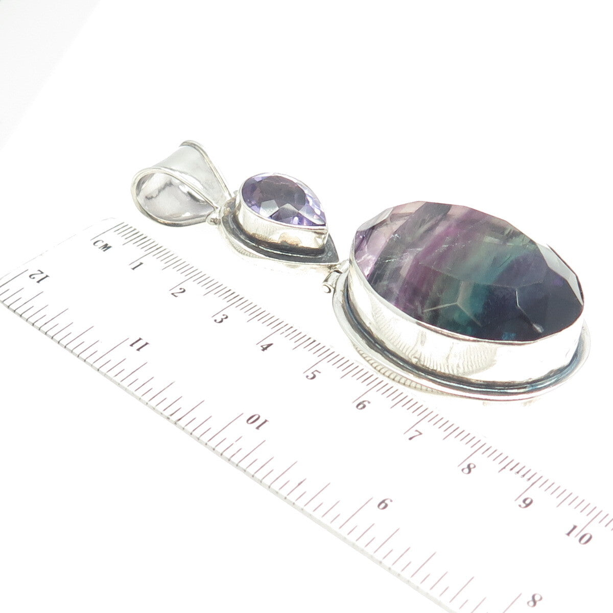 925 Sterling Silver Vintage Pear-Cut Amethyst & Oval-Cut Fluorite Large Pendant