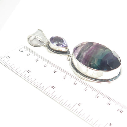 925 Sterling Silver Vintage Pear-Cut Amethyst & Oval-Cut Fluorite Large Pendant