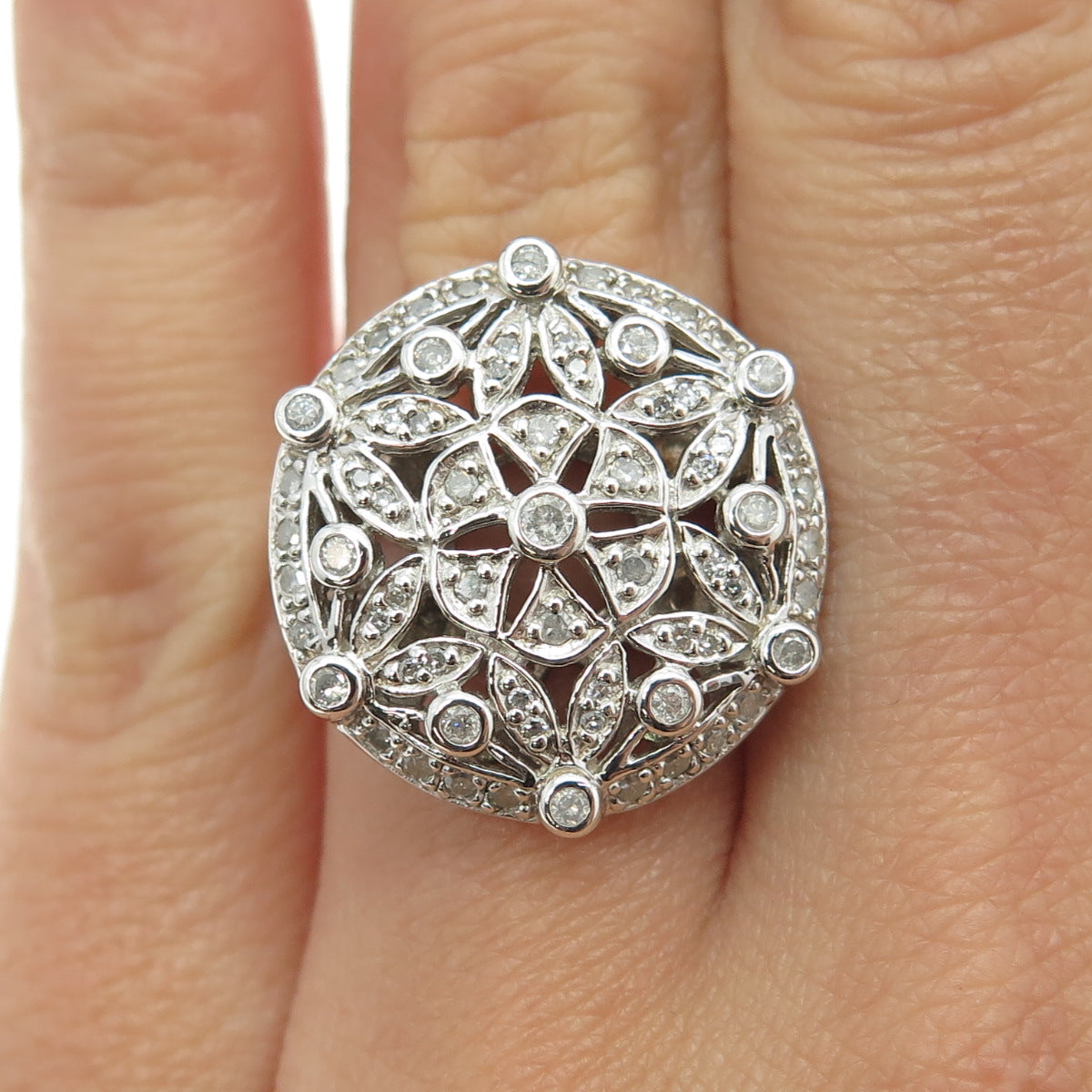 925 Sterling Silver Real Round-Cut Diamond Floral Statement Ring Size 6.25