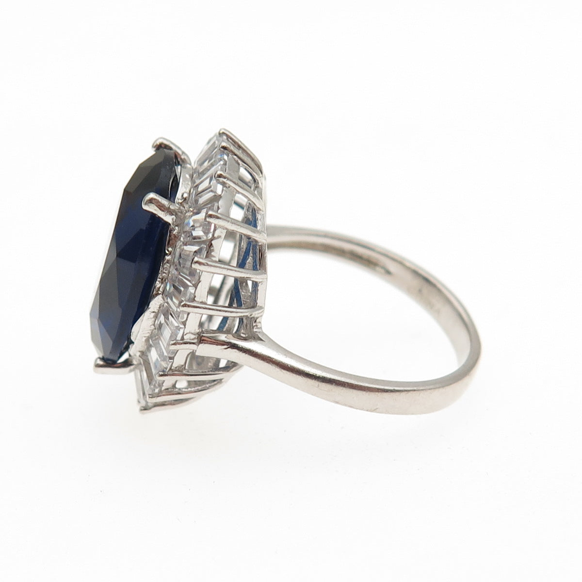 925 Sterling Silver Oval-Cut Blue Tapered Baguette-Cut White C Z Ring Size 7.25
