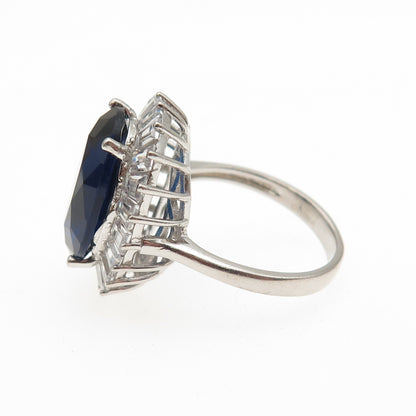 925 Sterling Silver Oval-Cut Blue Tapered Baguette-Cut White C Z Ring Size 7.25