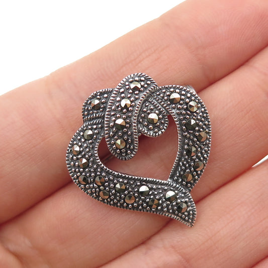 925 Sterling Silver Vintage Real Marcasite Oxidized Heart Pin Brooch