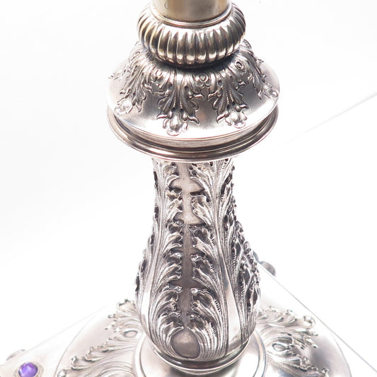 W.J. FEELEY CO. Sterling Silver Antique Amethyst Table Lamp / Candelabra Stand