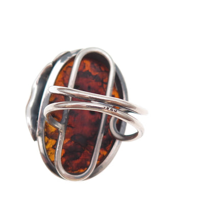 925 Sterling Silver Vintage Real Amber Modernist Oxidized Ring Size 8.25