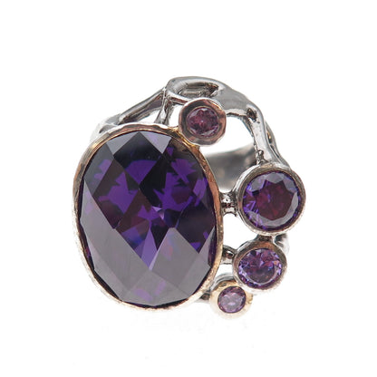 925 Sterling Silver Vintage Purple C Z Modernist Oxidized Ring Size 9.25