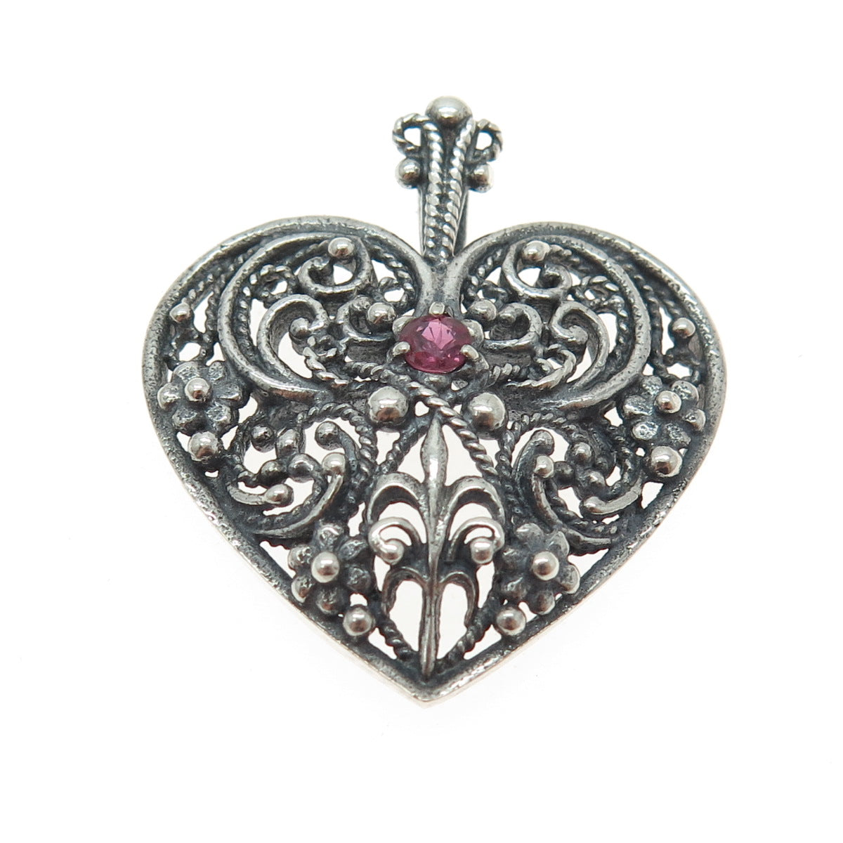 FRANKLIN MINT 925 Sterling Silver Vintage Ruby Gem Heart Ornate Oxidized Pendant