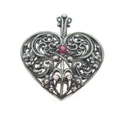 FRANKLIN MINT 925 Sterling Silver Vintage Ruby Gem Heart Ornate Oxidized Pendant