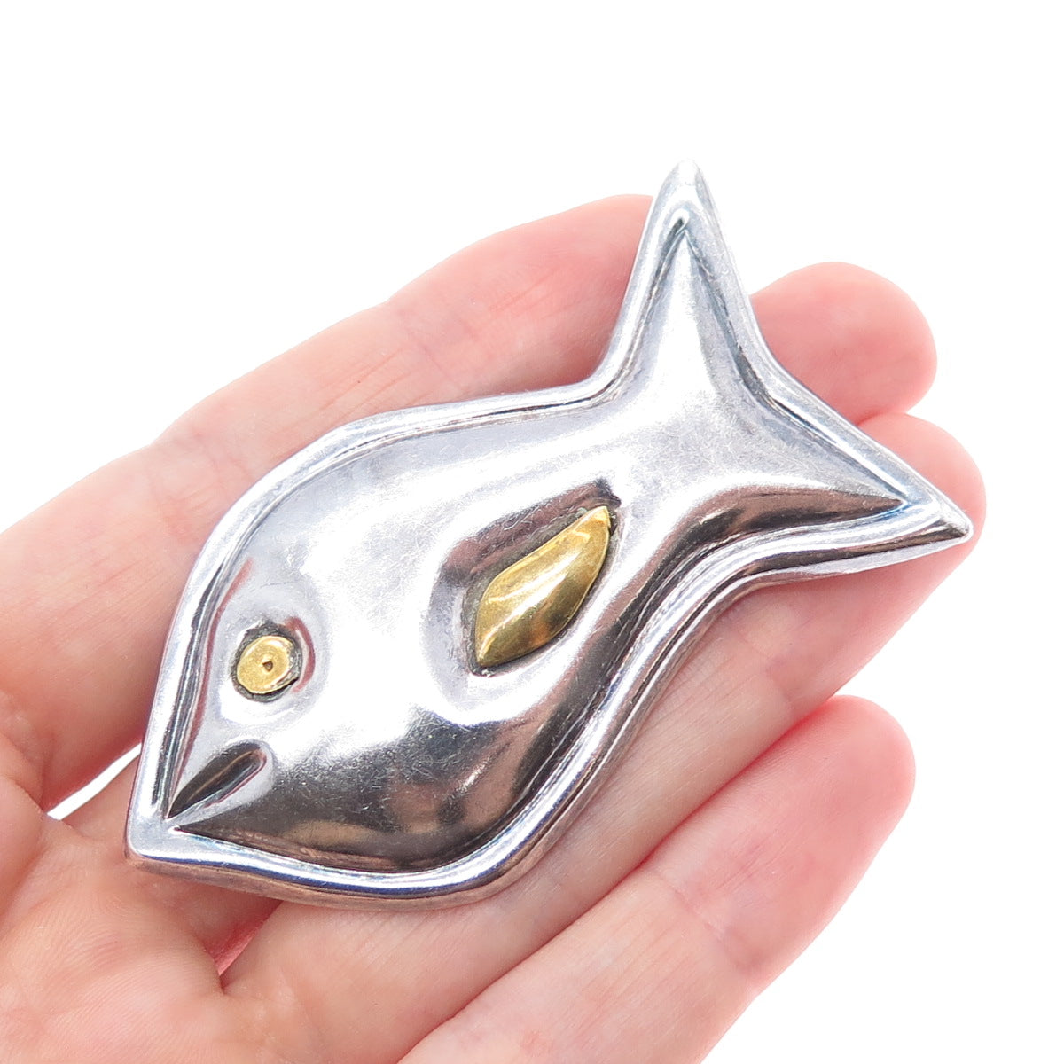 925 Sterling Silver 2-Tone Vintage Mexico Modernist Fish Oxidized Pin Brooch