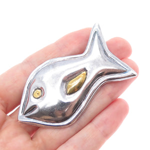925 Sterling Silver 2-Tone Vintage Mexico Modernist Fish Oxidized Pin Brooch