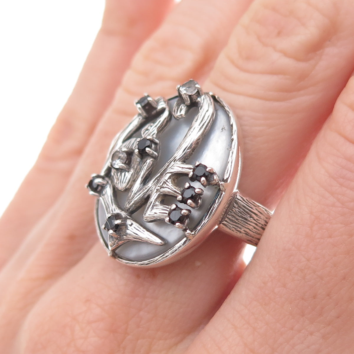 Clyde Duneier Sterling Silver Vintage Real Topaz Spinel & MOP Love Ring Size 8.5