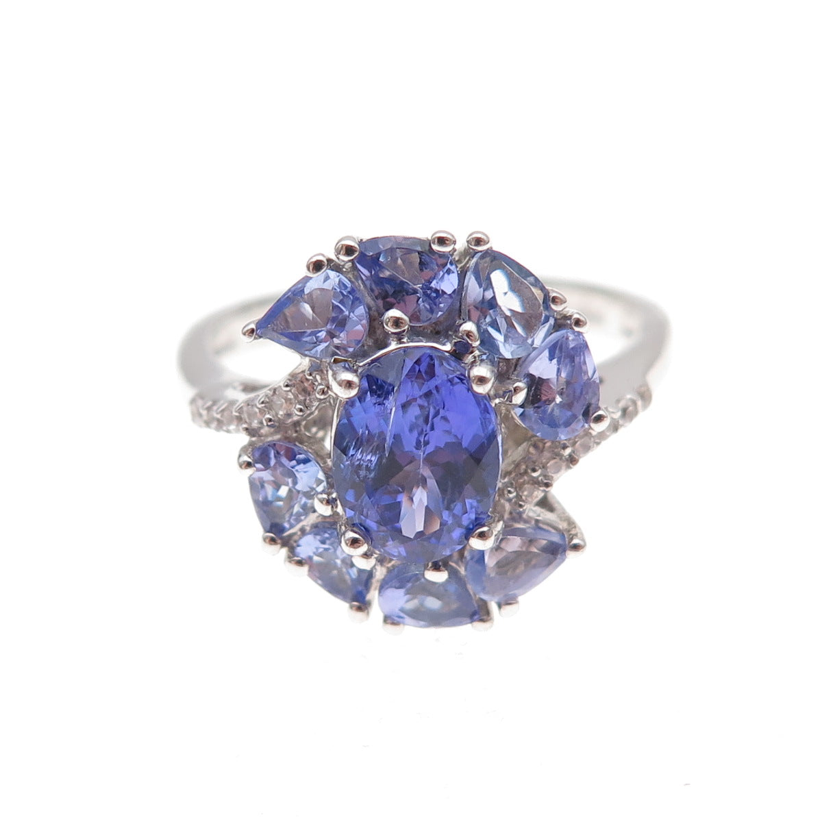 925 Sterling Silver Real Tanzanite & White Topaz Ring Size 8.25