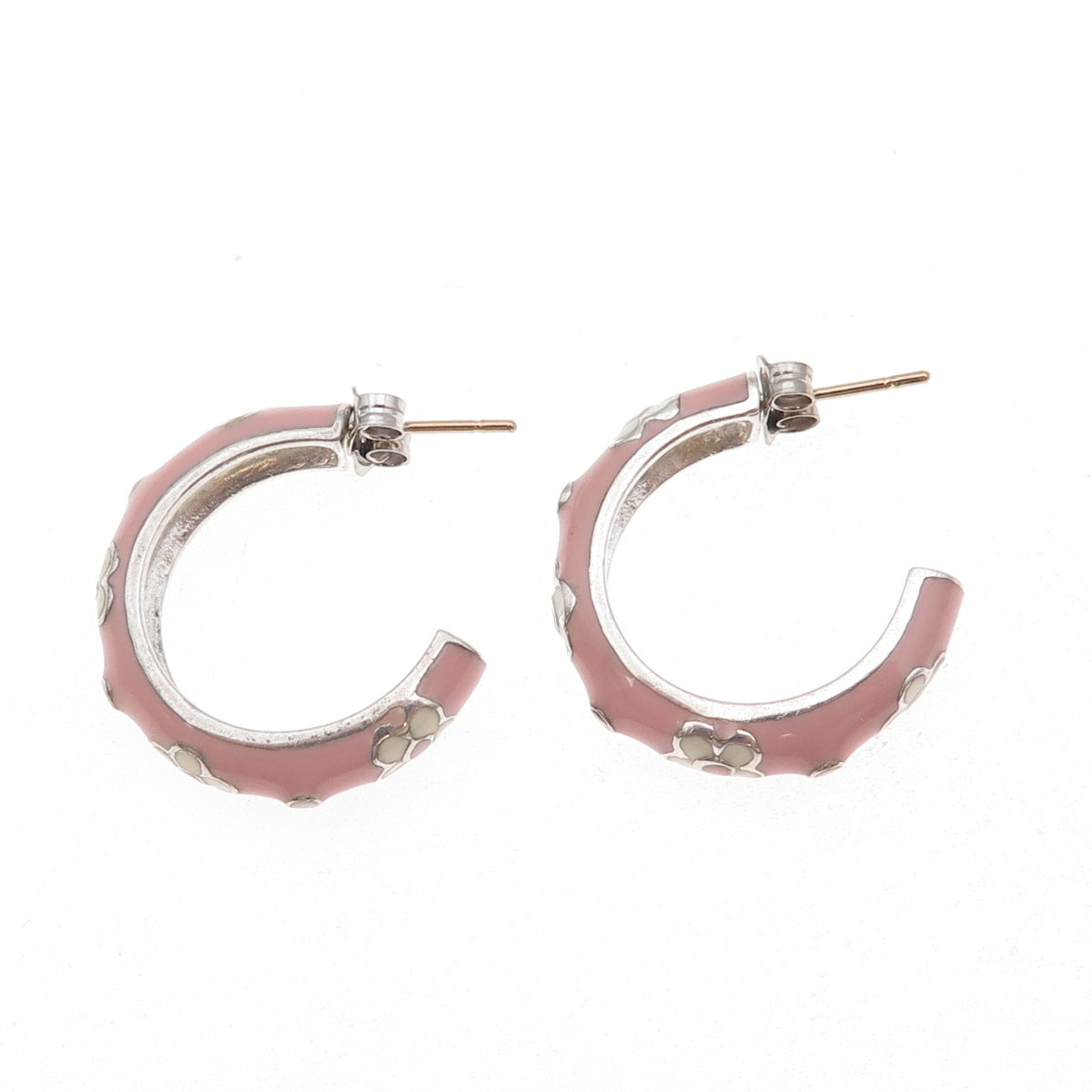 Silvio Hidalgo 925 Sterling Silver Vintage Enamel Floral Hoop Earrings