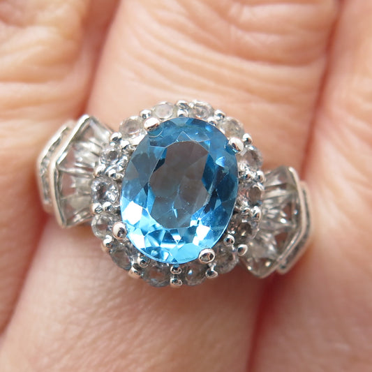 925 Sterling Silver Real Diamond Swiss Blue & White Topaz Ring Size 7