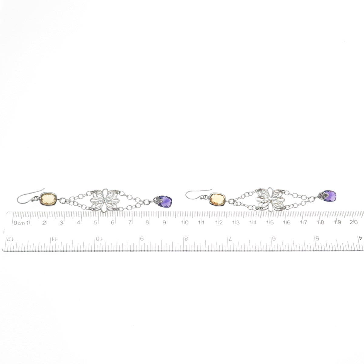 925 Sterling Silver Real Yellow & White Topaz Amethyst Flower Dangle Earrings