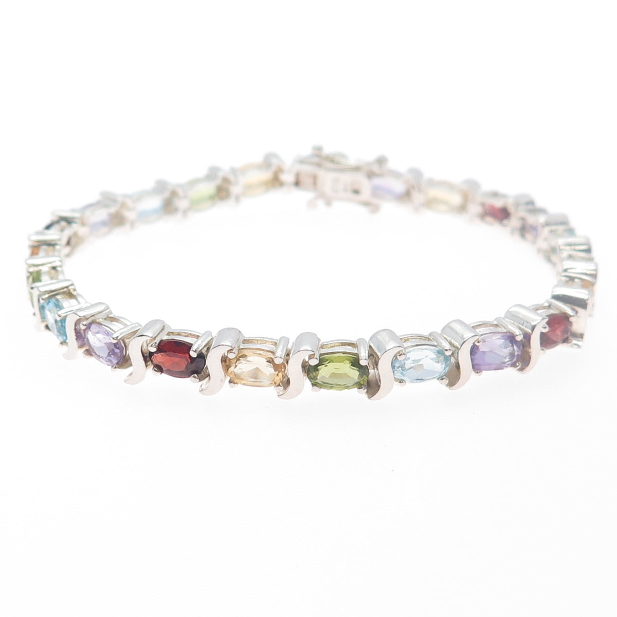 925 Sterling Silver Vintage Topaz Amethyst Garnet Citrine & Peridot Bracelet 7"