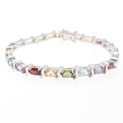 925 Sterling Silver Vintage Topaz Amethyst Garnet Citrine & Peridot Bracelet 7"