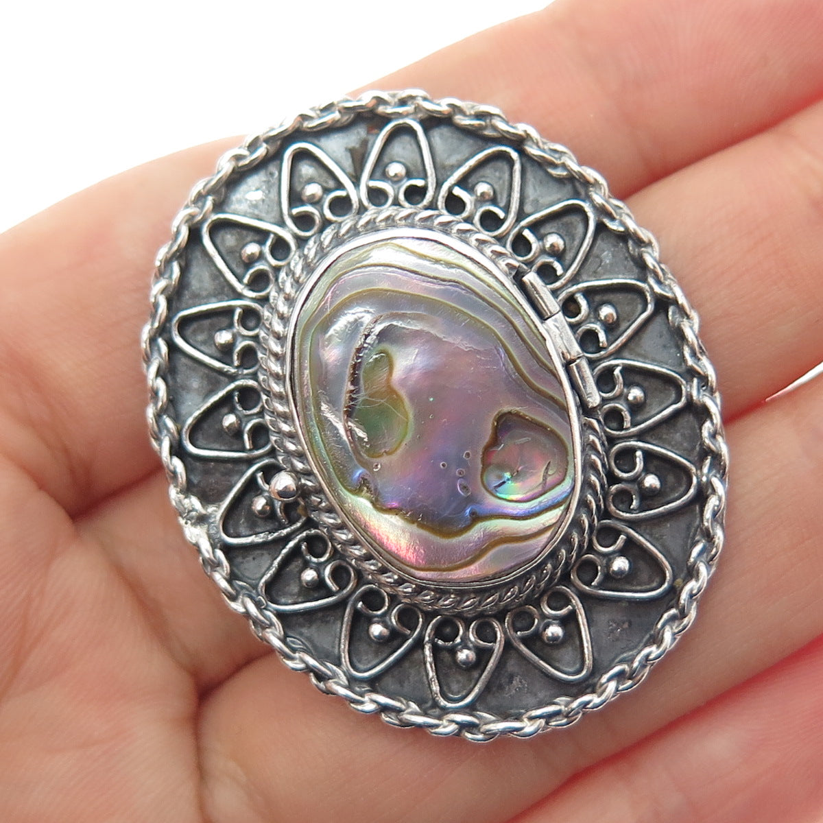 925 Sterling Silver Vintage Mexico Abalone Shell Locket Pin Brooch / Pendant
