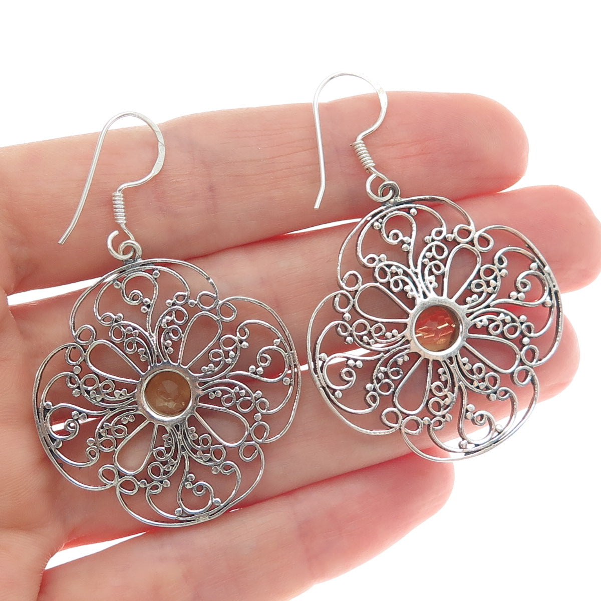 925 Sterling Silver Vintage Real Yellow Topaz Ornate Flower Dangle Earrings