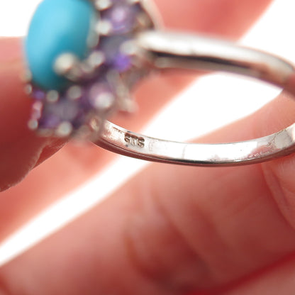Chuck Clemency 925 Sterling Silver Real Turquoise & Amethyst Floral Ring Size 7