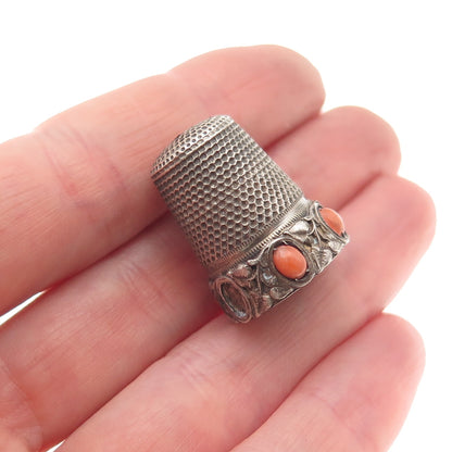 925 Sterling Silver Antique Art Deco Real Coral Sewing Thimble (missing 1 stone)