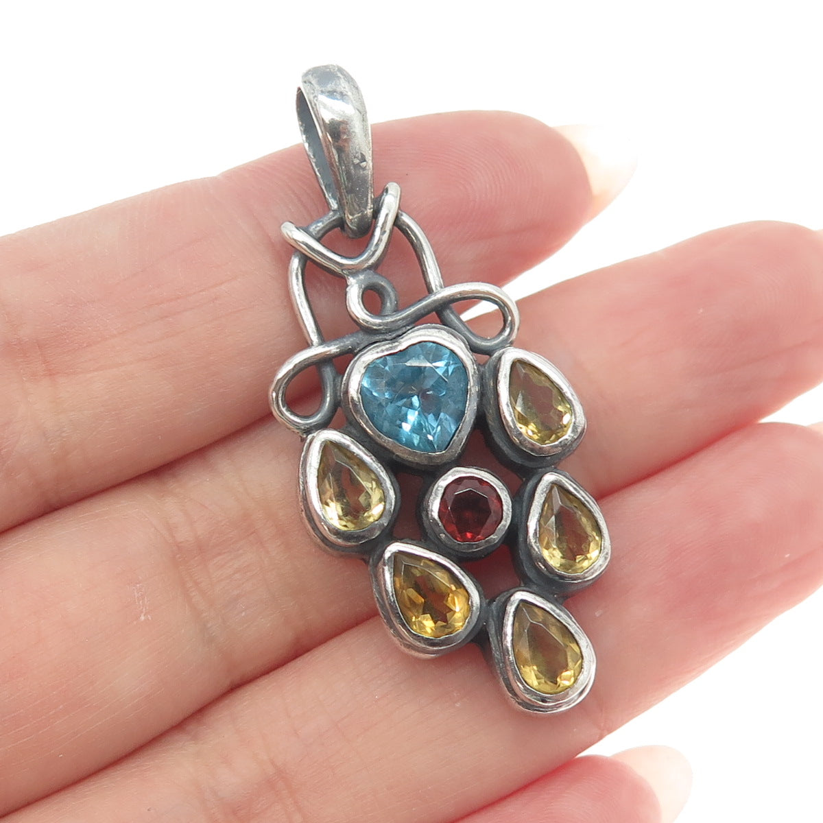 925 Sterling Silver Vintage Real Citrine Red Garnet & Blue Topaz Cluster Pendant