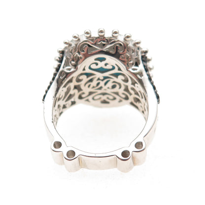925 Sterling Silver Real Sleeping Beauty Turquoise & Black Spinel Ring Size 8