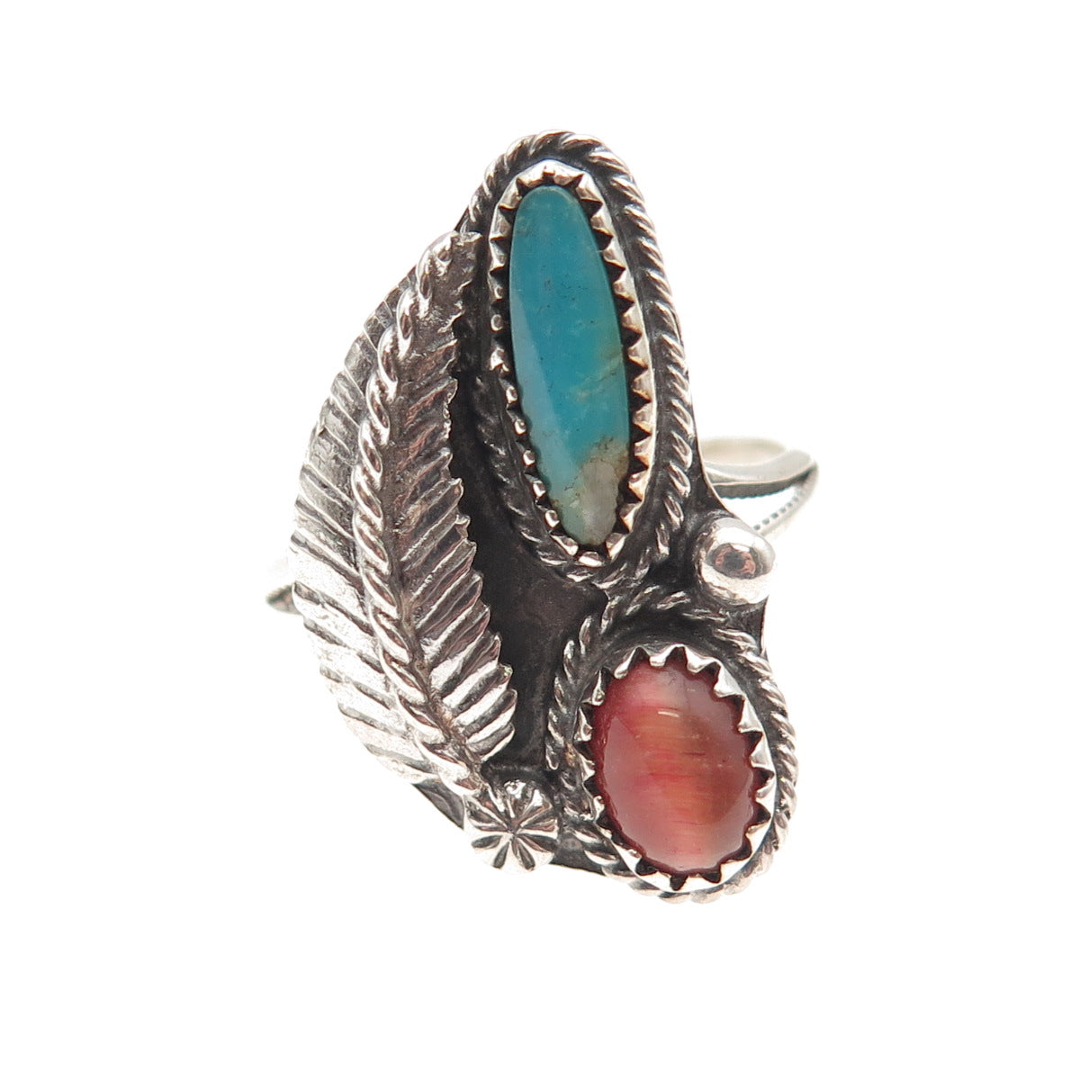 Old Pawn Sterling Silver Vintage Turquoise Cat's Eye Feather Tribal Ring Size 8