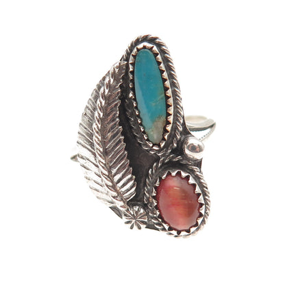 Old Pawn Sterling Silver Vintage Turquoise Cat's Eye Feather Tribal Ring Size 8