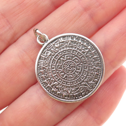 925 Sterling Silver Vintage Mayan Calendar Oxidized Charm Pendant