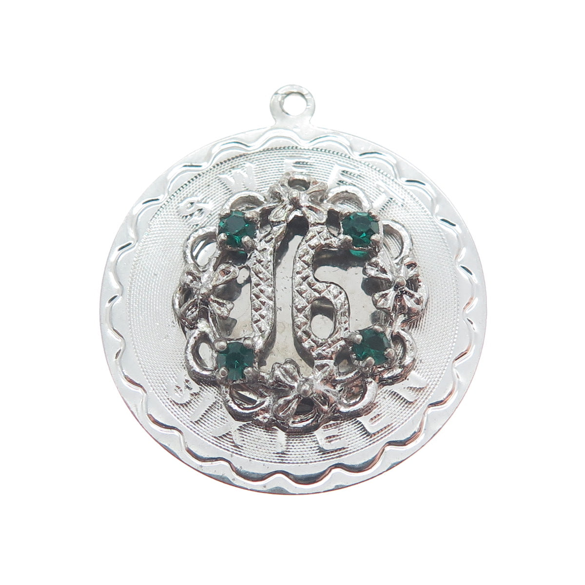 SPENCER 925 Sterling Silver Vintage Green Rhinestone Sweet Sixteen Charm Pendant