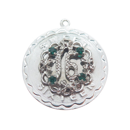 SPENCER 925 Sterling Silver Vintage Green Rhinestone Sweet Sixteen Charm Pendant