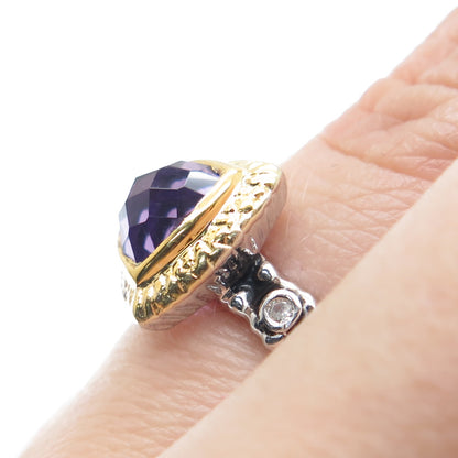 925 Sterling Silver 2-Tone Real Amethyst & White Topaz Triangle Ring Size 6.25