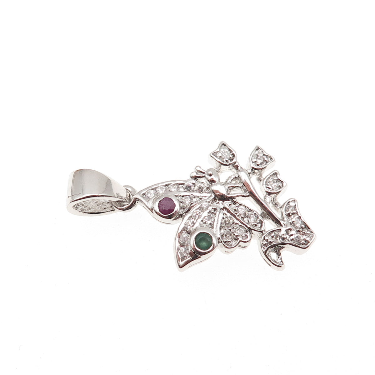 925 Sterling Silver Real Round-Cut Emerald Ruby & C Z Butterfly Charm Pendant