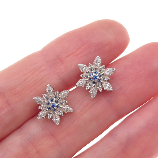 Pandora 925 Sterling Silver Blue & White C Z Snowflake Stud Earrings
