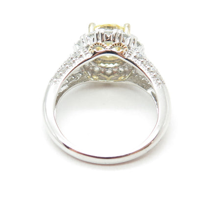 925 Sterling Silver 2-Tone Round-Cut Canary & White C Z Ring Size 8