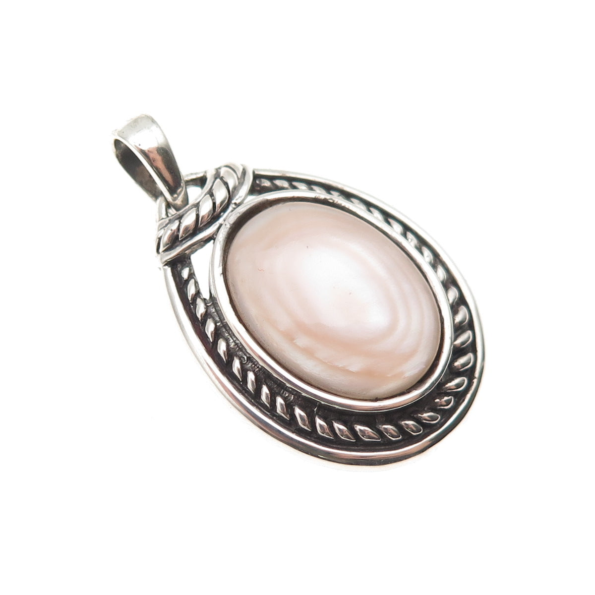 925 Sterling Silver Vintage Real MOP Teardrop Oxidized Charm Pendant