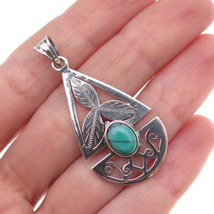 925 Sterling Silver Vintage Real Turquoise Floral Teardrop Charm Pendant