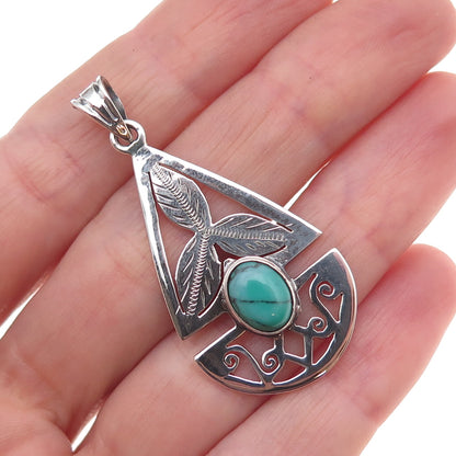 925 Sterling Silver Vintage Real Turquoise Floral Teardrop Charm Pendant