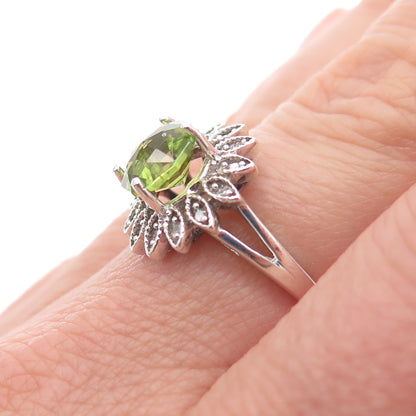 925 Sterling Silver Real Diamond & Peridot Flower Ring Size 7