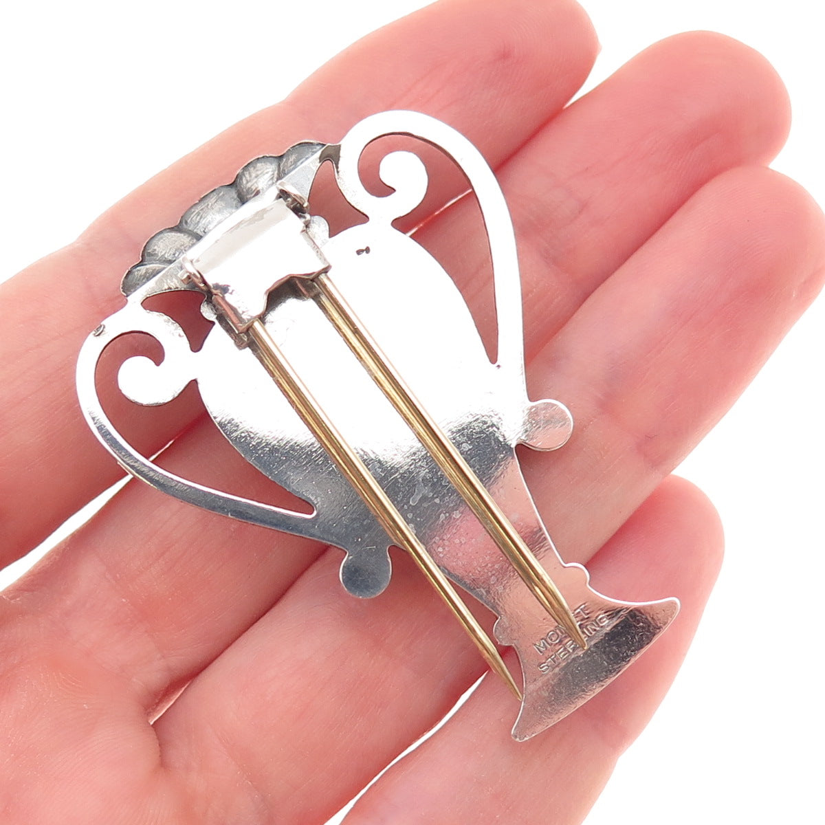 Monet 925 Sterling Silver Vintage Vase Oxidized Fur Clip / Collar Pin