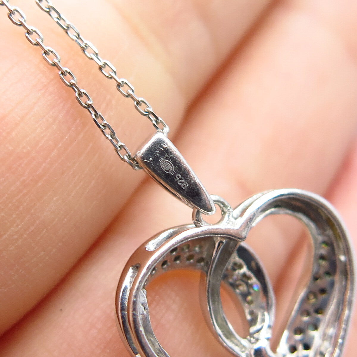 925 Sterling Silver Italy White Blue Diamond Open Heart Rolo Chain Necklace 18"